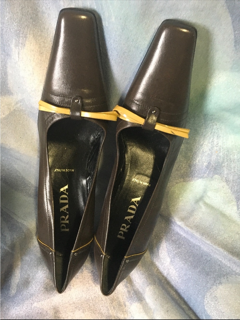 Prada Women's Dark Brown Leather Square-Toe Flats with Tan Bow